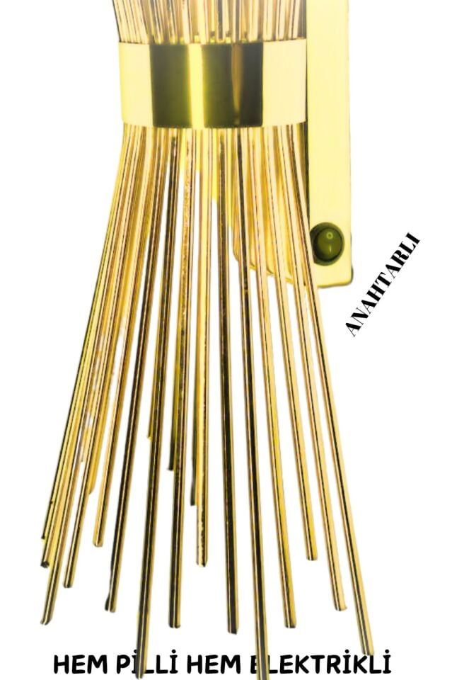 Kirpi Ledli Gold Pilli ve Elektrikli 2'si 1 Arada Ledli Duvar Aplik, Tak Çalıştır, Kablosuz Aplik