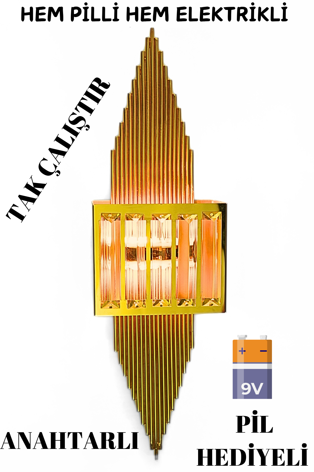 Pramit Ledli Gold Pilli ve Elektrikli 2'si 1 Arada Ledli Duvar Aplik, Tak Çalıştır, Kablosuz Aplik
