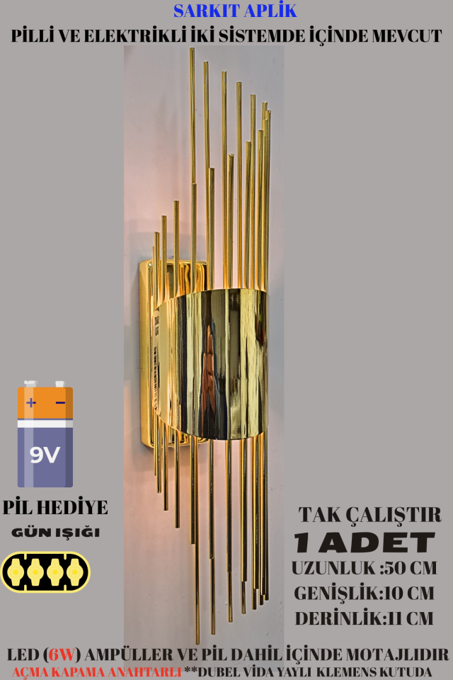 Sarkıt Gold Aplik Pilli ve Elektrikli 2'si 1 Arada Ledli Duvar Aplik, Tak Çalıştır, Kablosuz Aplik