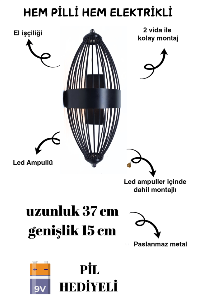 Beyzbol Ledli Siyah Pilli ve Elektrikli 2'si 1 Arada Ledli Duvar Aplik, Tak Çalıştır, Kablosuz Aplik