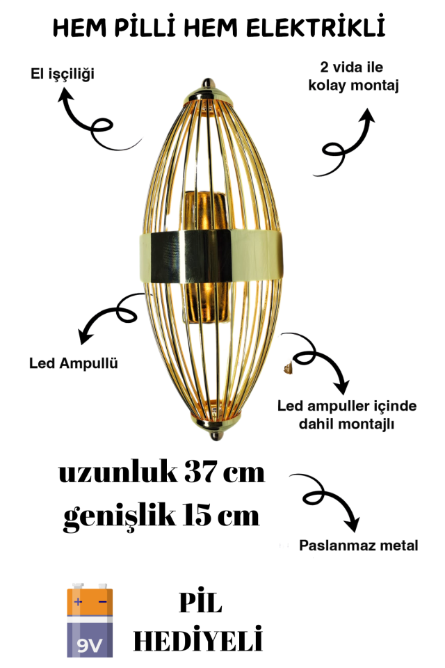 Beyzbol Ledli Gold Pilli ve Elektrikli 2'si 1 Arada Ledli Duvar Aplik, Tak Çalıştır, Kablosuz Aplik